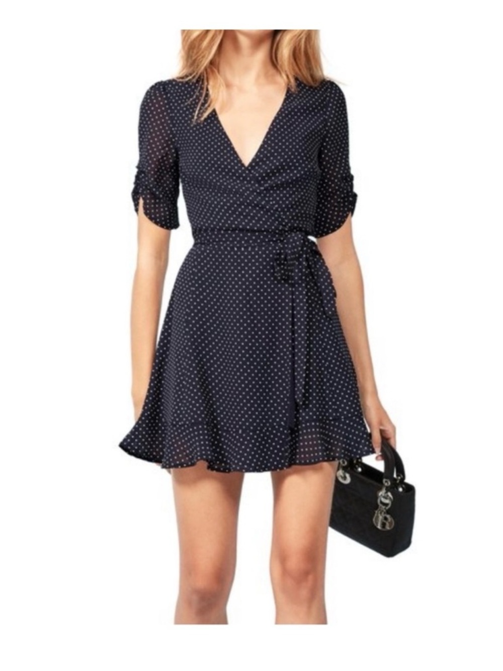 Reformation Polka Dot Wrap Mini Dress - Black size S